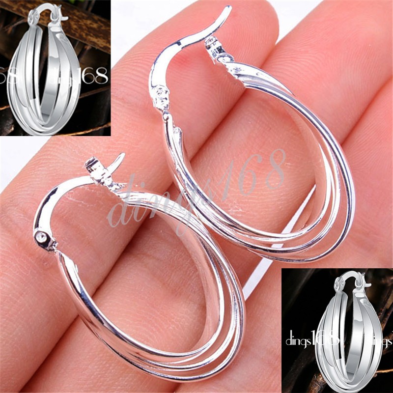 925 Sterling Silver Hypoallergenic 3-Layered U-shape Medium Hoop Earrings E907