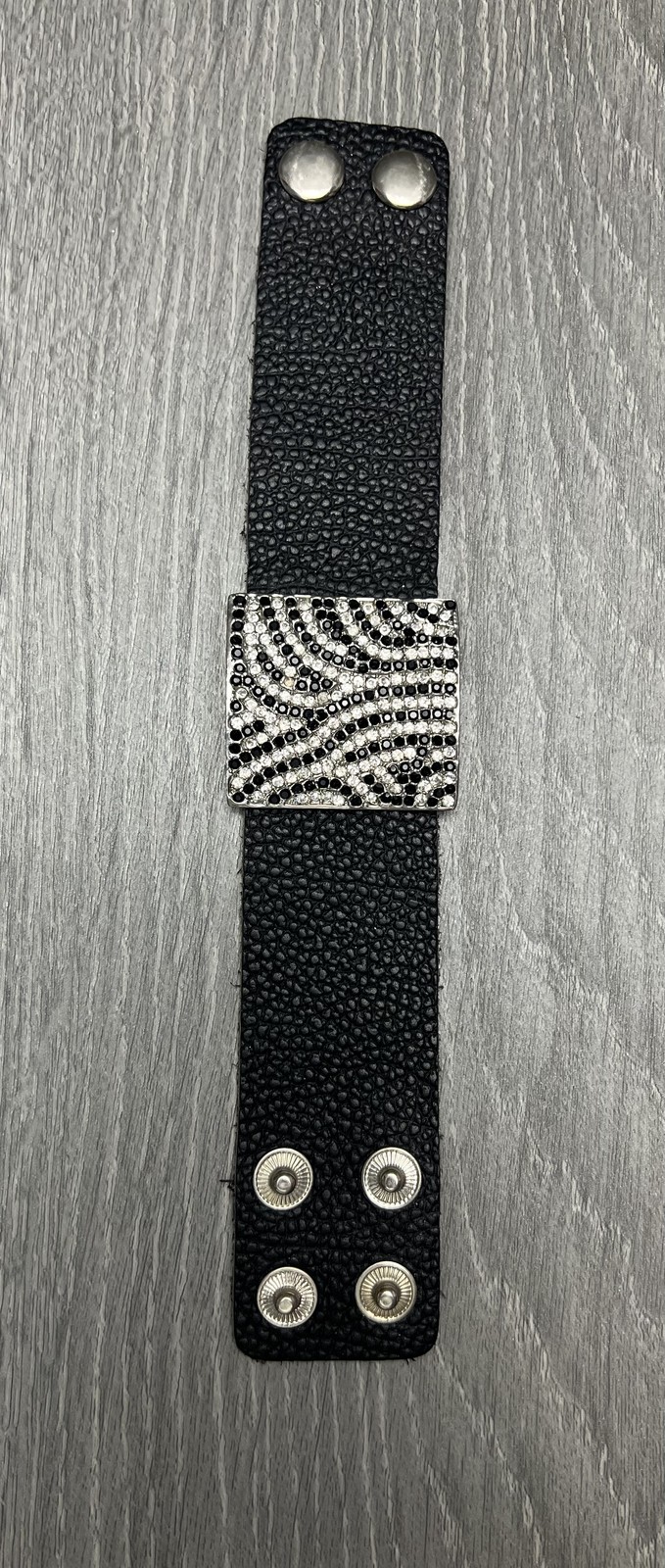 Black Faux Leather Cuff Bracelet w/ Rhinestone Zebra Print Snap Closure READ