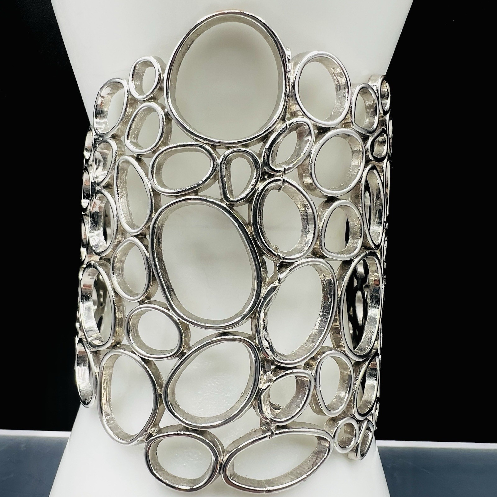 Wide Silver Tone Open Circle Cuff Bracelet Bubble Abstract Statement Modern Bold