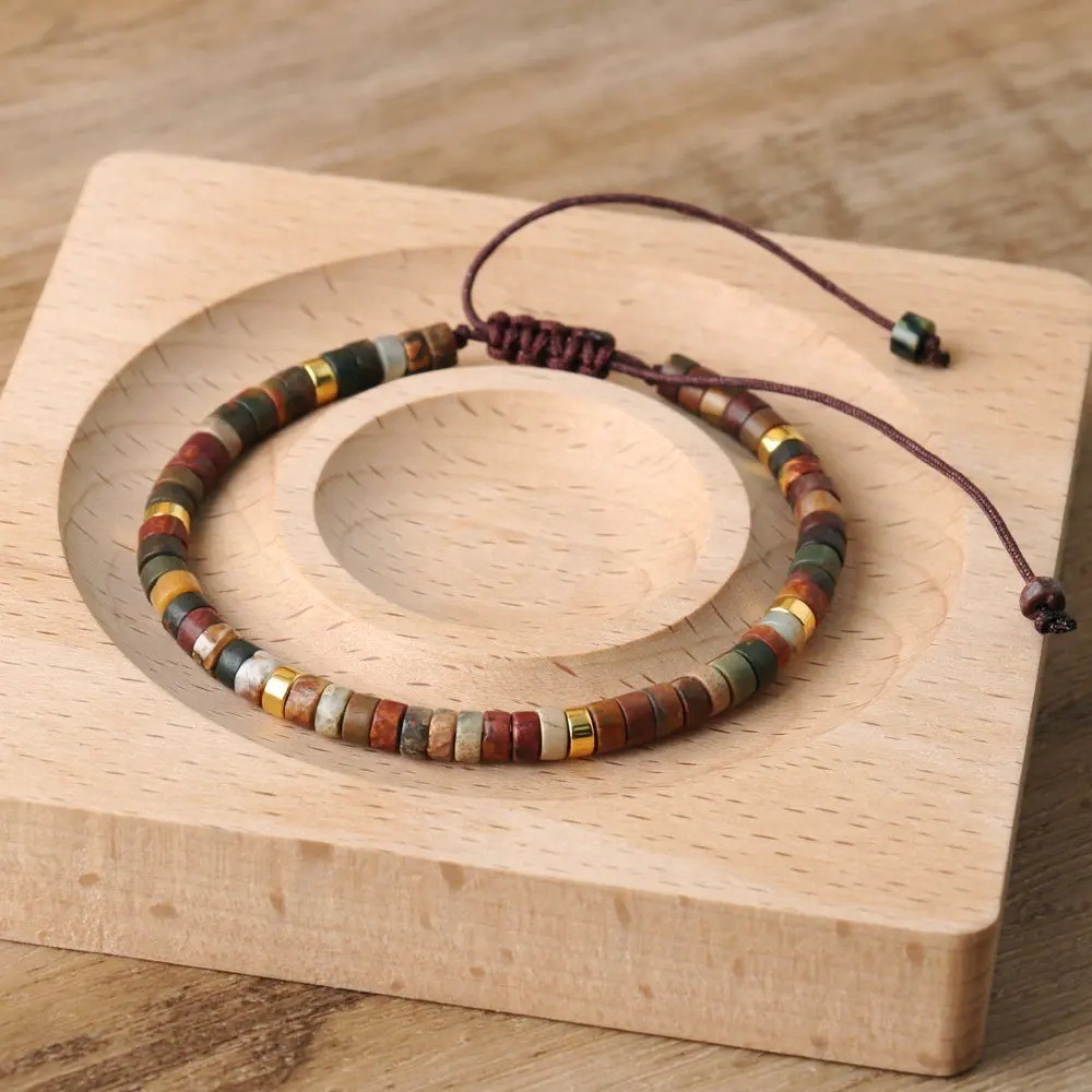 Natural Stone Beaded Bracelet Adjustable 2x4mm Dainty Unisex Braided Handmade