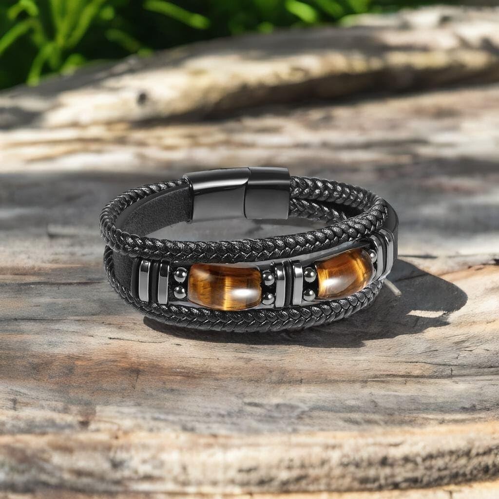 Tiger Eye Black Leather Bracelet Men Energy Crystal Stone Healing Reiki Gift