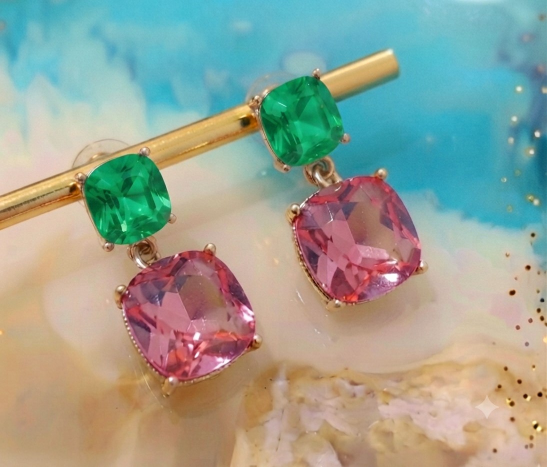 Green & Pink Cushion Cut Crystal Drop Earrings Gold Tone Statement Dangle Gift