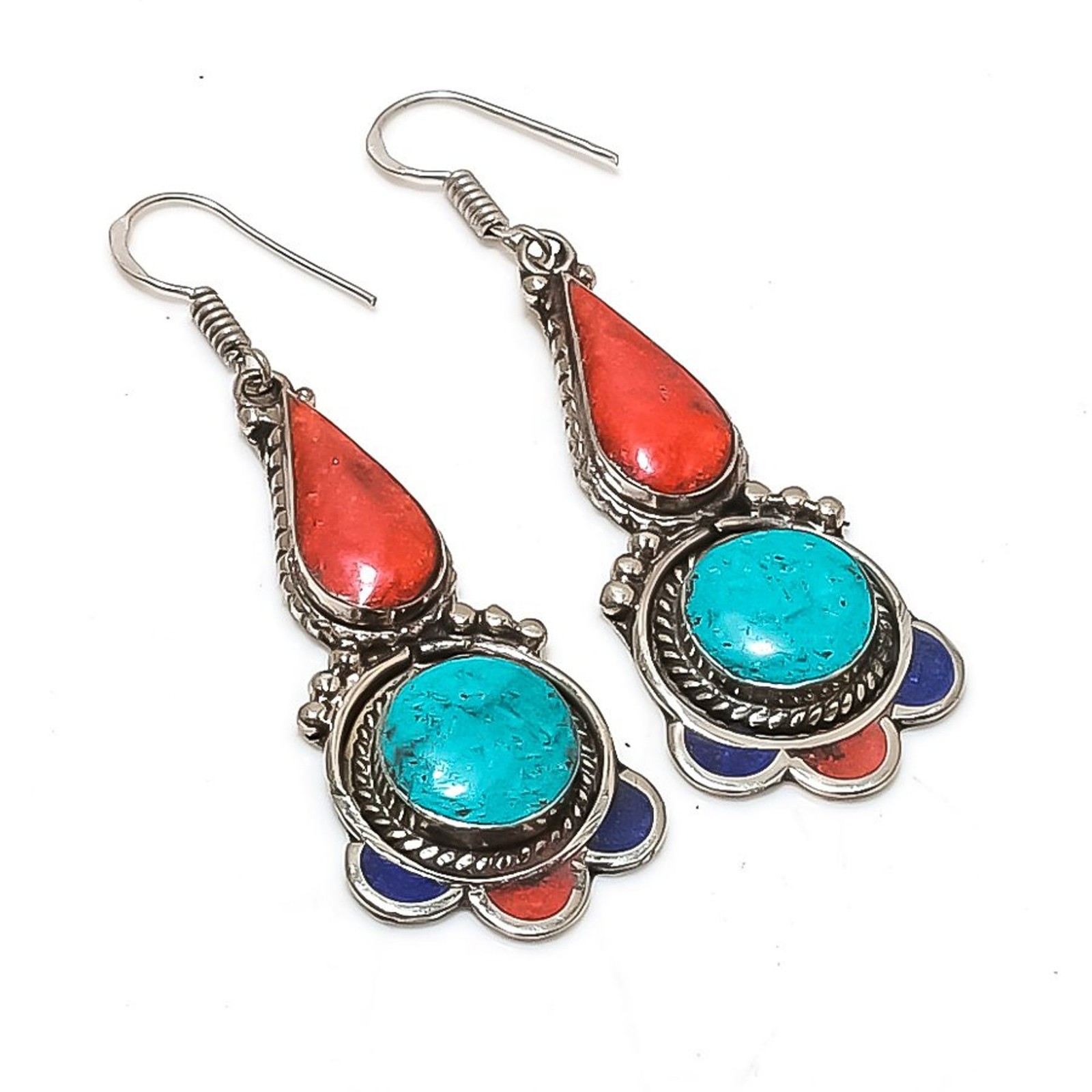 Turquoise Coral Lapis lazuli Earring Tibetan Vintage Nepali Jewelry 2.6″ NE 5452
