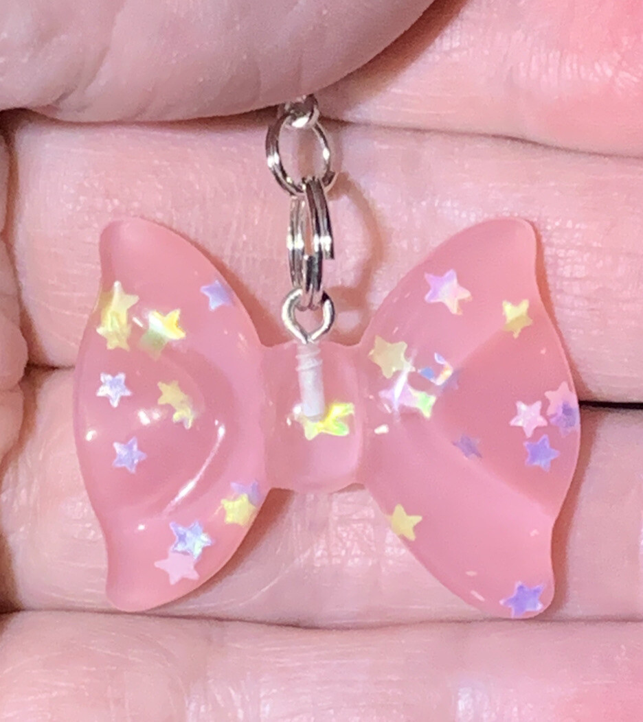 Large Pink Bow Stars Inside Charm Zipper Pull & Keychain Add On Clip!!