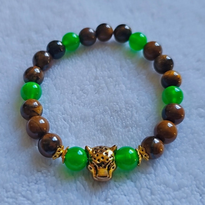 Green Brown & Gold Round Tiger’s Eye Beaded Stretch Bracelet, Stackable Charm