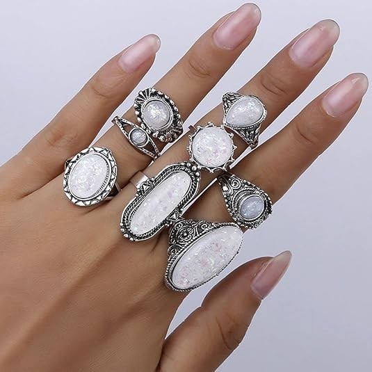 8 Piece Set White Opal Rings Jewelry Stone Alloy Steel Carved Bohemian Fairygoth