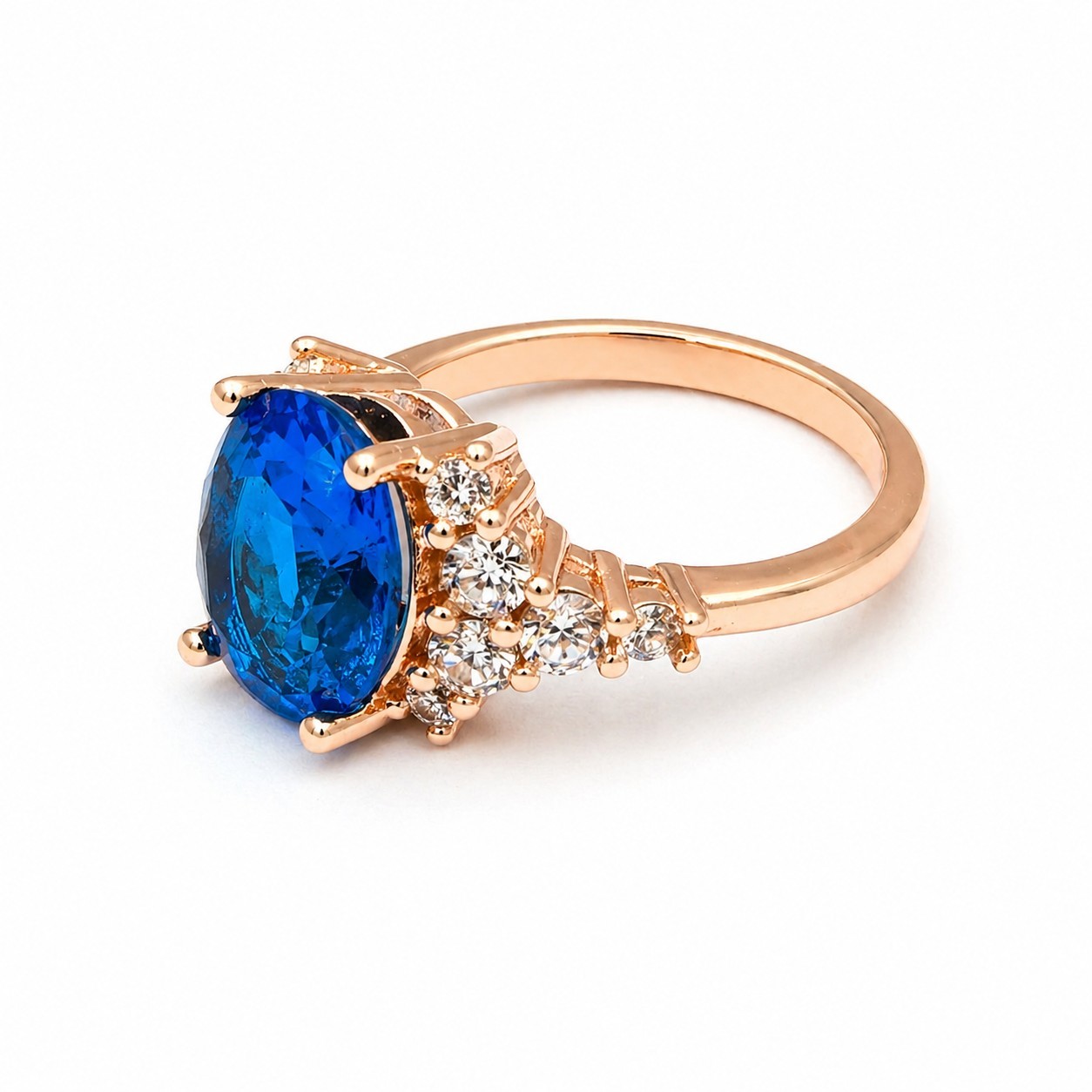 Blue Oval Gemstone Ring – Halo Cluster Setting Rose Gold Tone Size 6