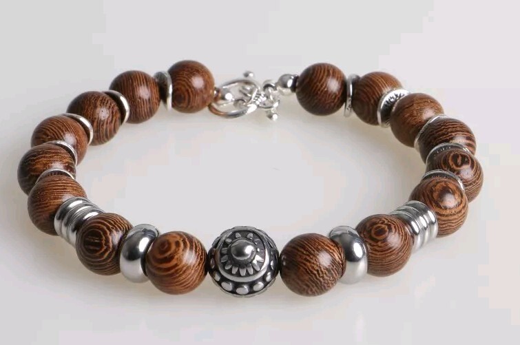 Pulsera Casual Para Hombres De Acero Inoxidable Y Cuentas De Madera Charms Sol