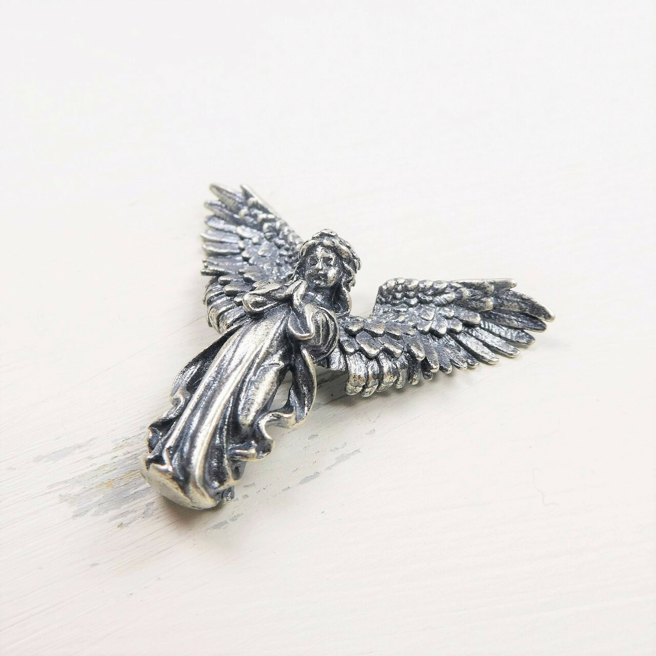 Antiqued 925 Sterling Silver Praying Angel Pendant with Open Wings Unique