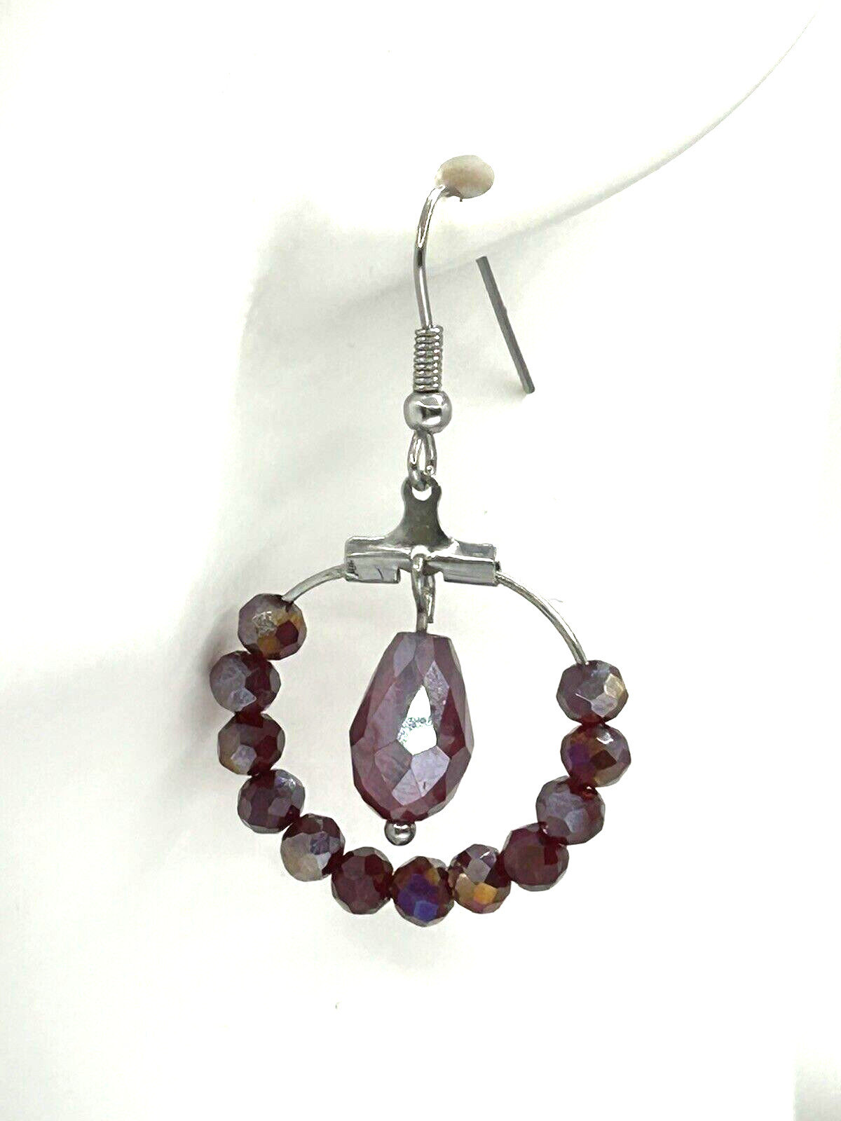 Gorgeous Deep RED Aurora Borealis Glass Beaded Stainless Steel HOOP Earrings