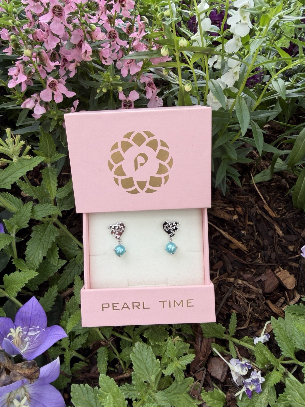 Pearl Time Heart Stud Dangle Earrings Blue Round Pearl Drop .925 silver