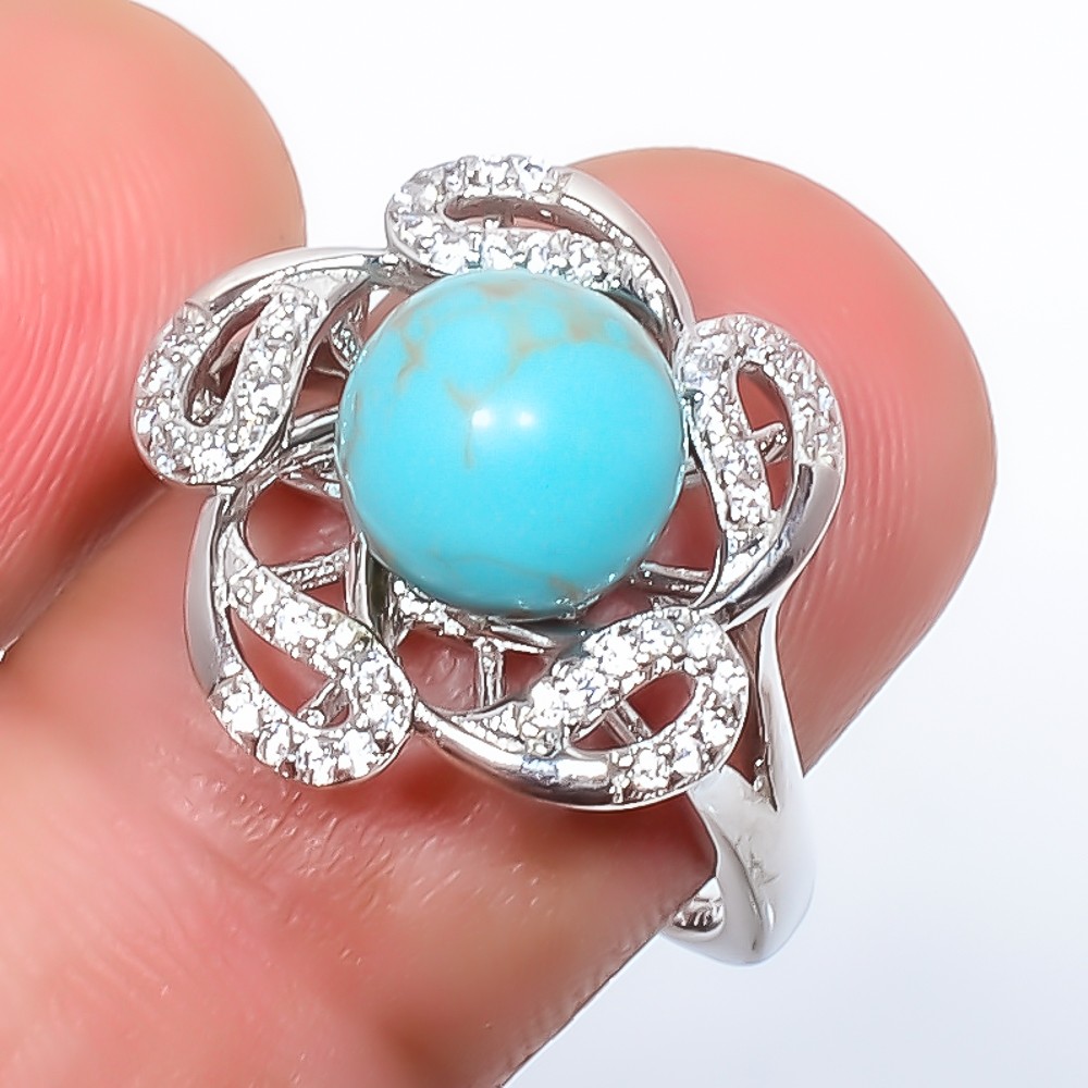 Copper Blue Turquoise & Cz Gemstone 925 Silver Plated Ring Adjustable (3