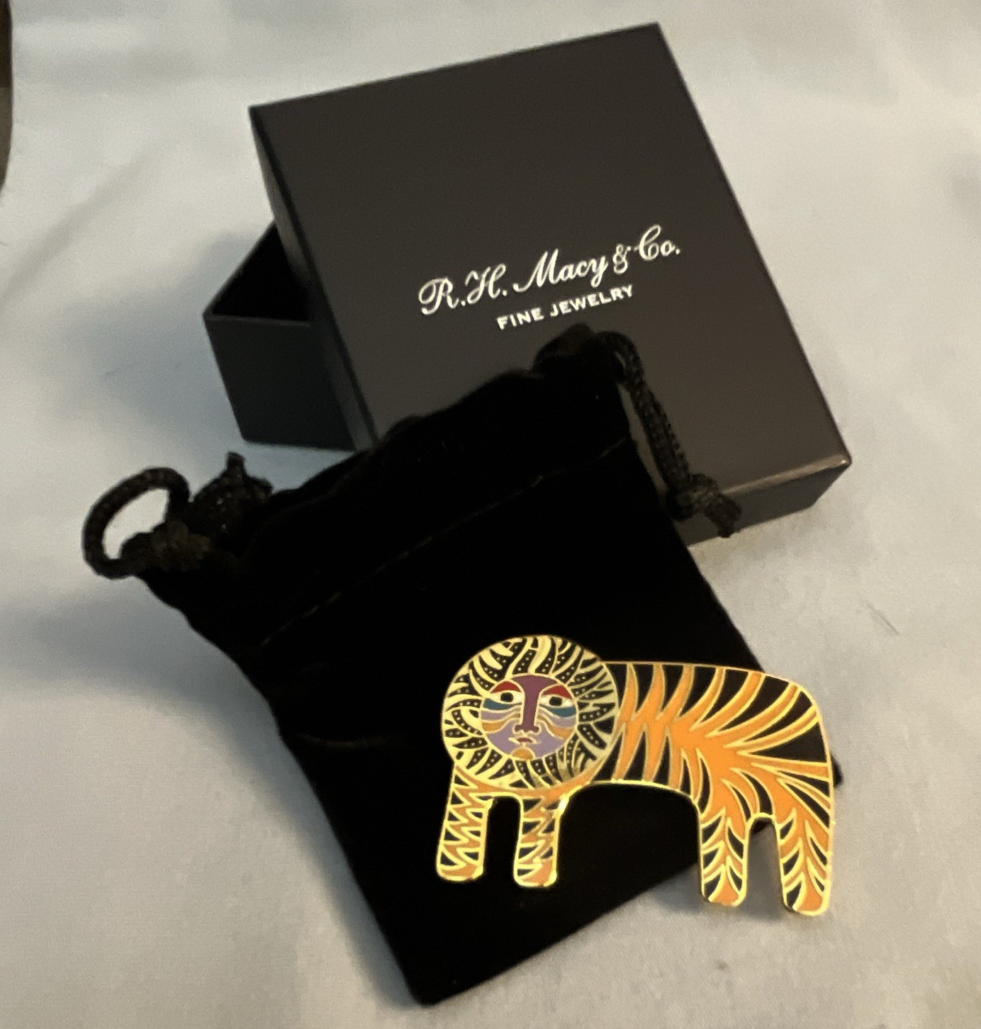 1980s Vtg. Laurel Burch “TIGRE” brooch gold-tone metal orange & black cloisonné