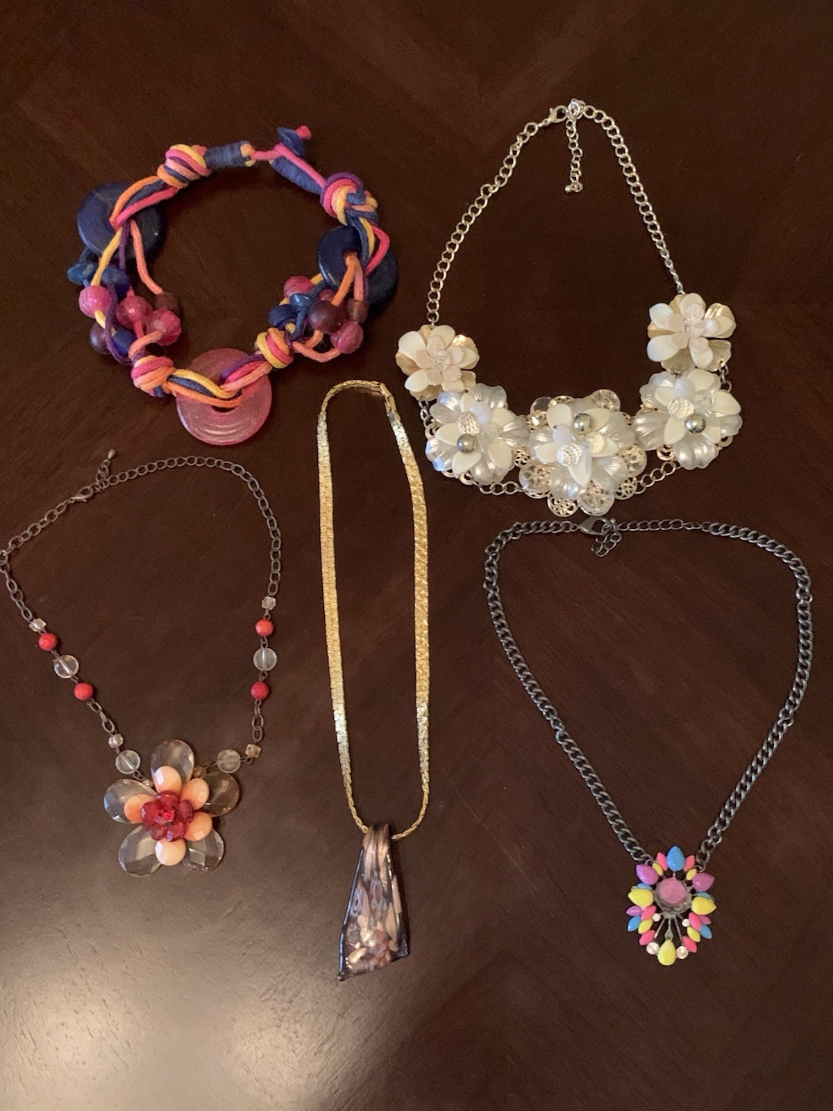 COLORFUL Bold Chunky Metal Glass Floral Cord Wrapped STATEMENT Necklace Lot
