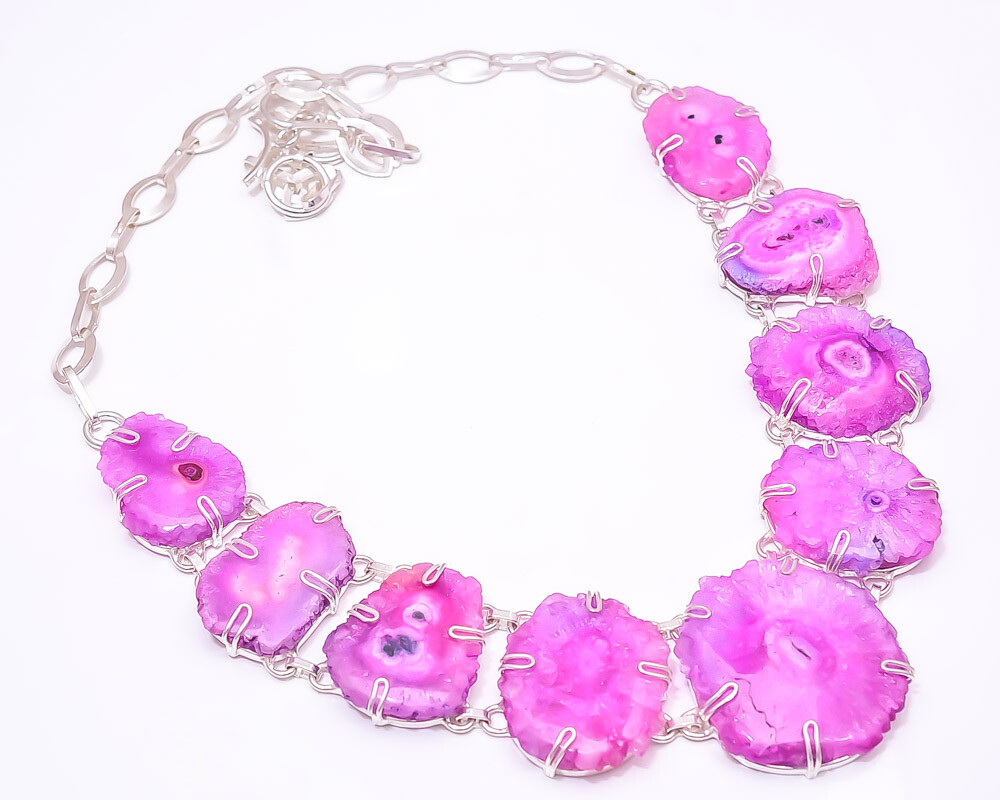 Pink Solar Eye Quartz Drusy 925 Sterling Silver Necklace Adjustable 21-23″ N15