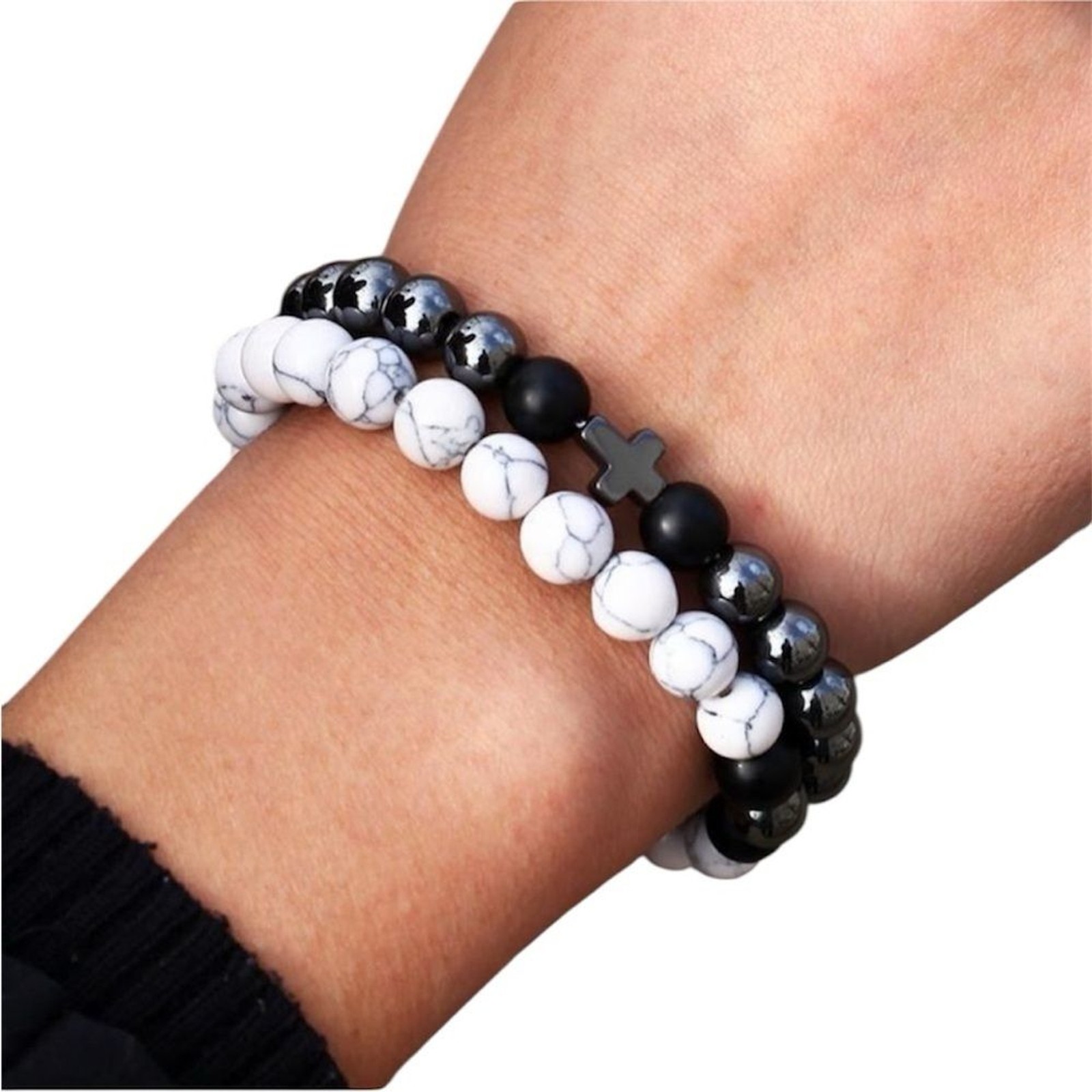 Set of Two Elastic Hematite and Howlite Bracelets with Black Matte…