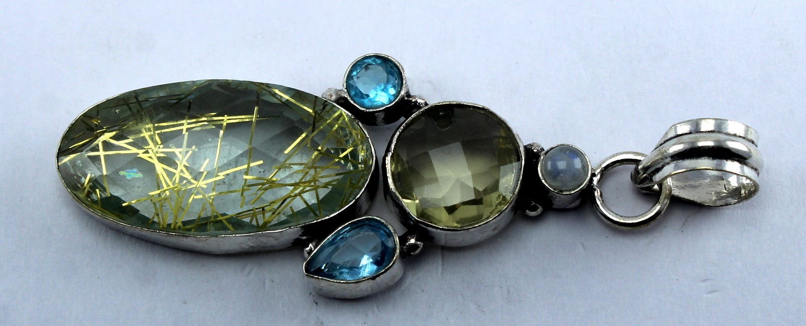 Handmade Sterling Silver Rutilated Quartz Pendant, Blue Topaz & Moonstone
