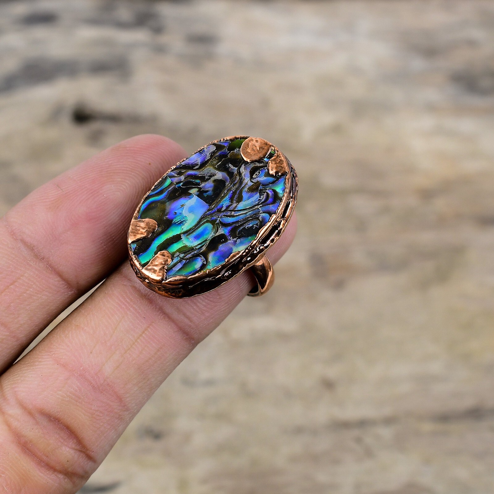 Copper Oval Abalone Shell Stone Bezel Electroformed Promise Ethnic Ring Jewelry
