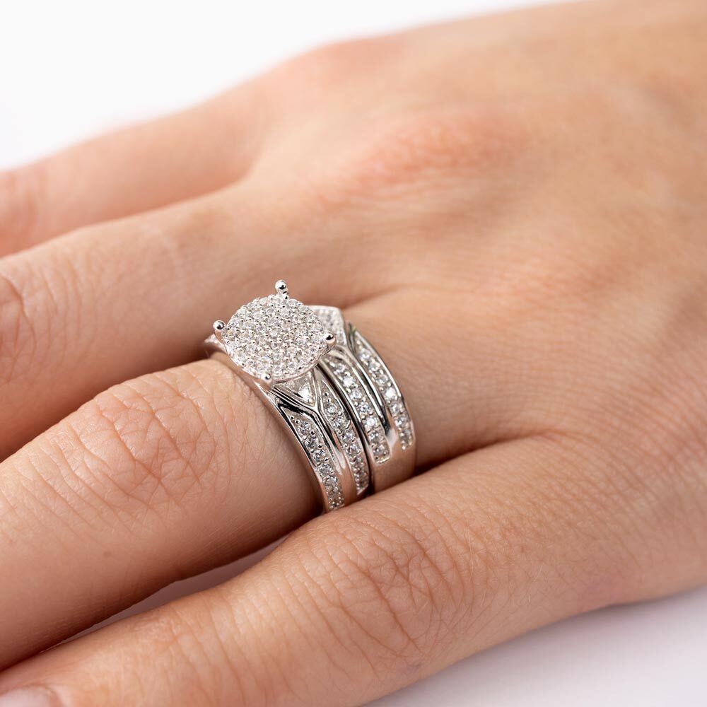 925 STERLING SILVER ROUND PAVE CENTER RING & BAND SIMULATED FLAWLESS DIAMONDS