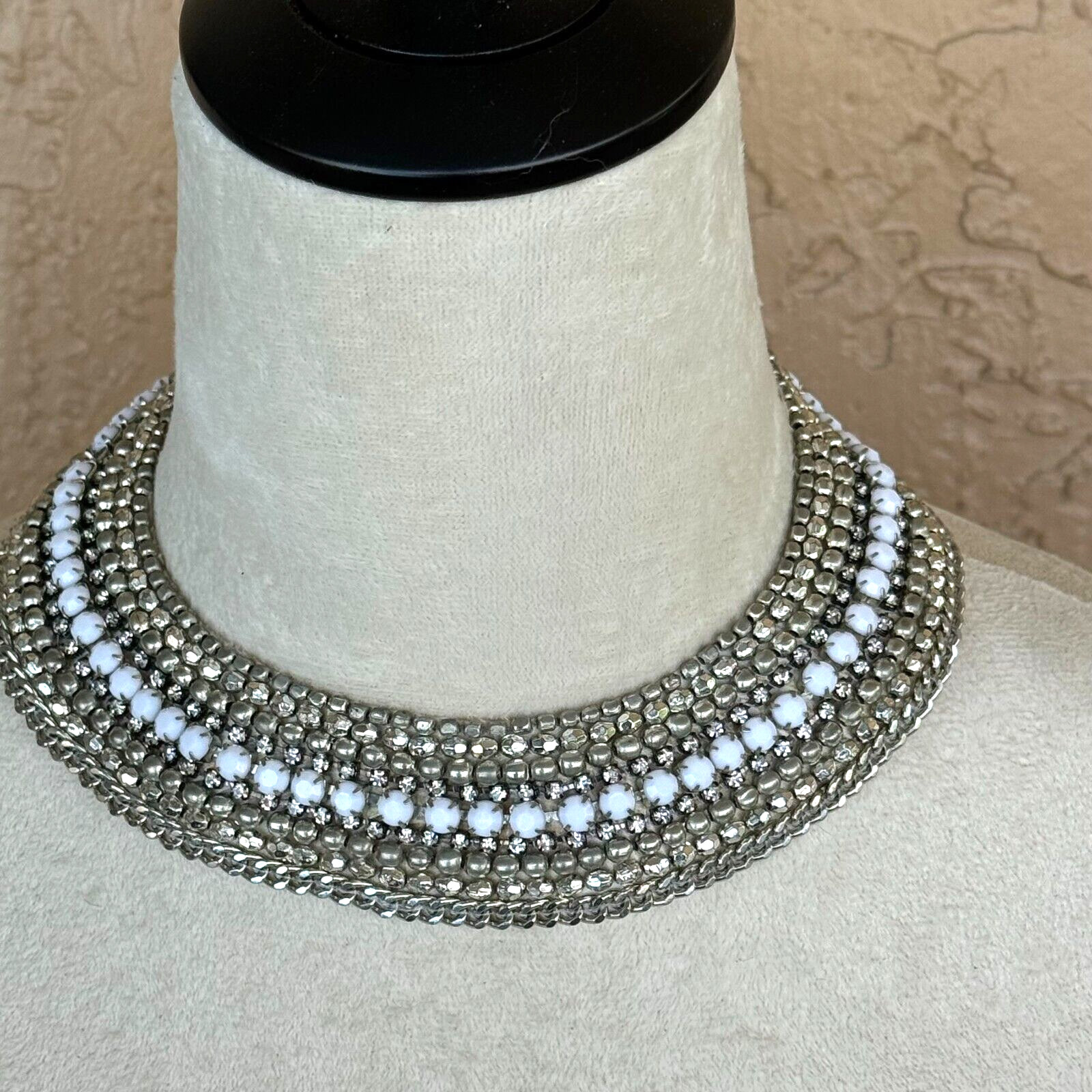 Chico’s Silvertone White Metal Plastic Stones Adjustable Chocker Collar Necklace
