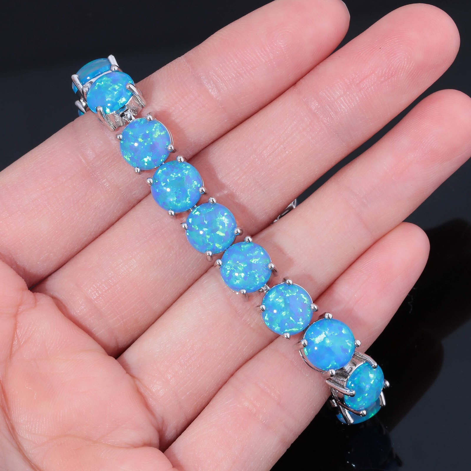 Vikoly Blue/White/Orange/Pink Round 925 Sterling Sliver Fire Opal Bracelet 18cm