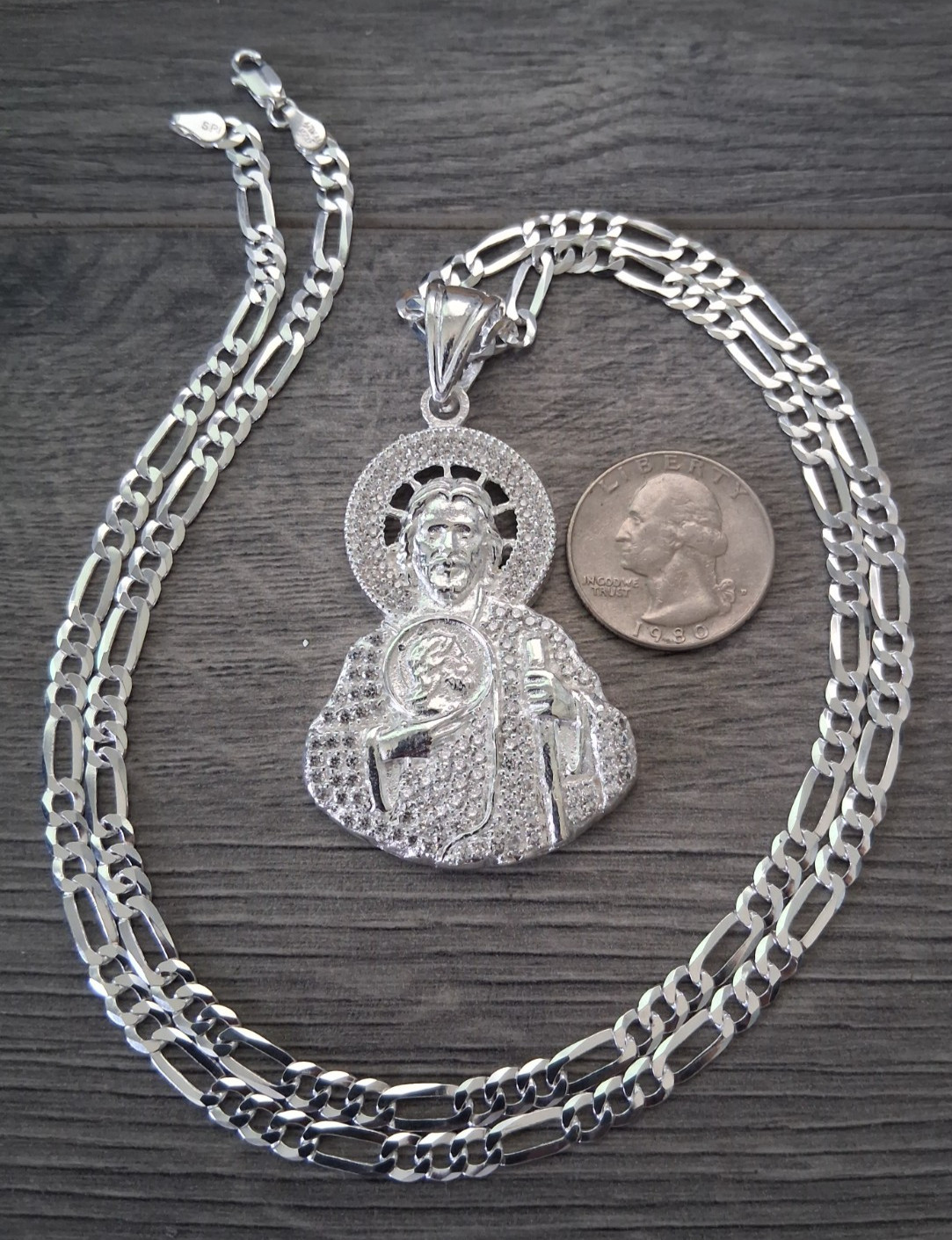 cadena y san judas c/zirconia plata 925 /silver chain & st jude 24″ 4.9mm long.