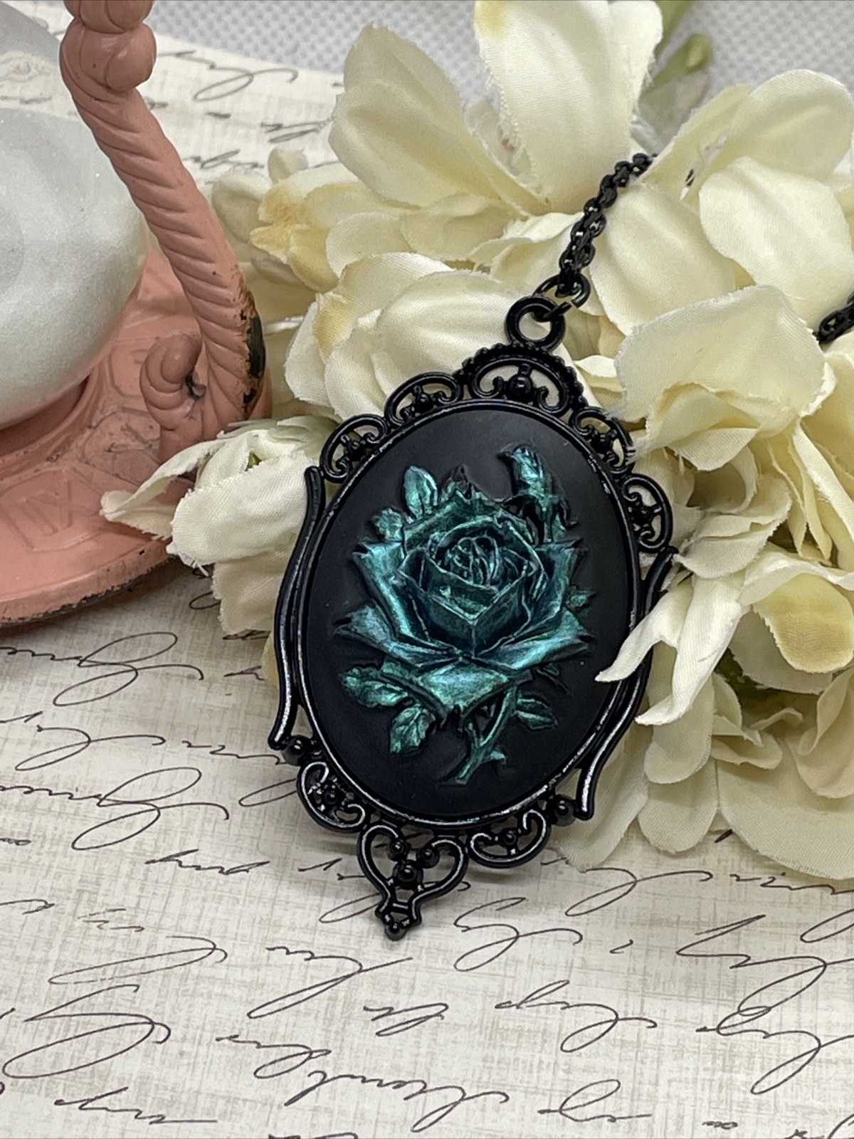 Teal Iridescent Rose Gothic CHRISTMAS Cameo Green Necklace Pendant Victorian