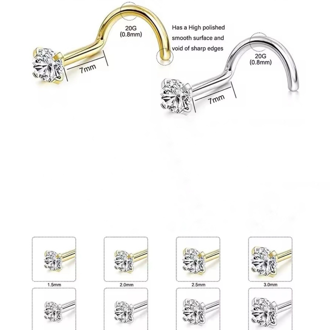 Nose CZ Gem Stud Straight L Screw Piercing – Gold Surgical Steel