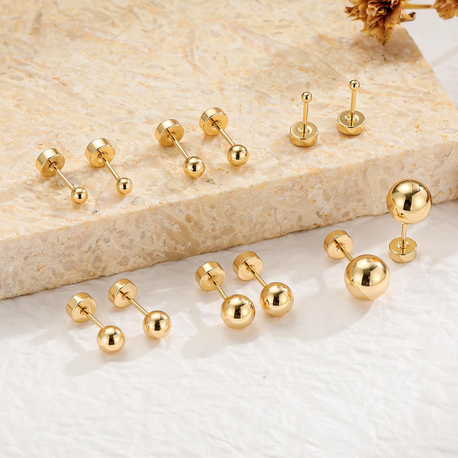 Yoosteel 6 Pairs 2mm, 3mm, 4mm, 5mm, 6mm, 8mm, Ball-14K-Gold-Plated