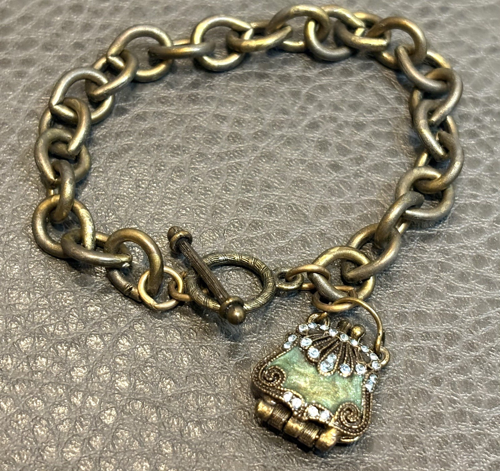 VTG Victorian Style Dark Metal Enamel Purse Rhinestone Locket Charm Bracelet