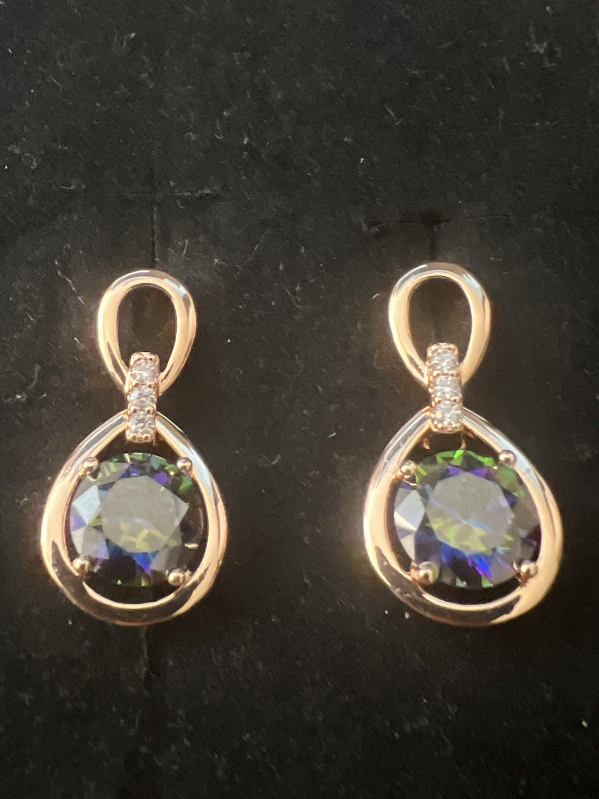 14k Rolled 585 Rose Gold Plated Round Mystical Topaz English Lock Earrings