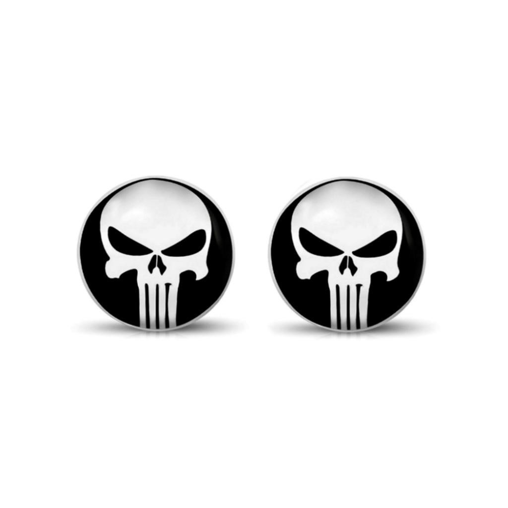 PUNISHER EARRINGS 10mm Round Stud Skull Stainless Steel Post Biker Superhero NEW