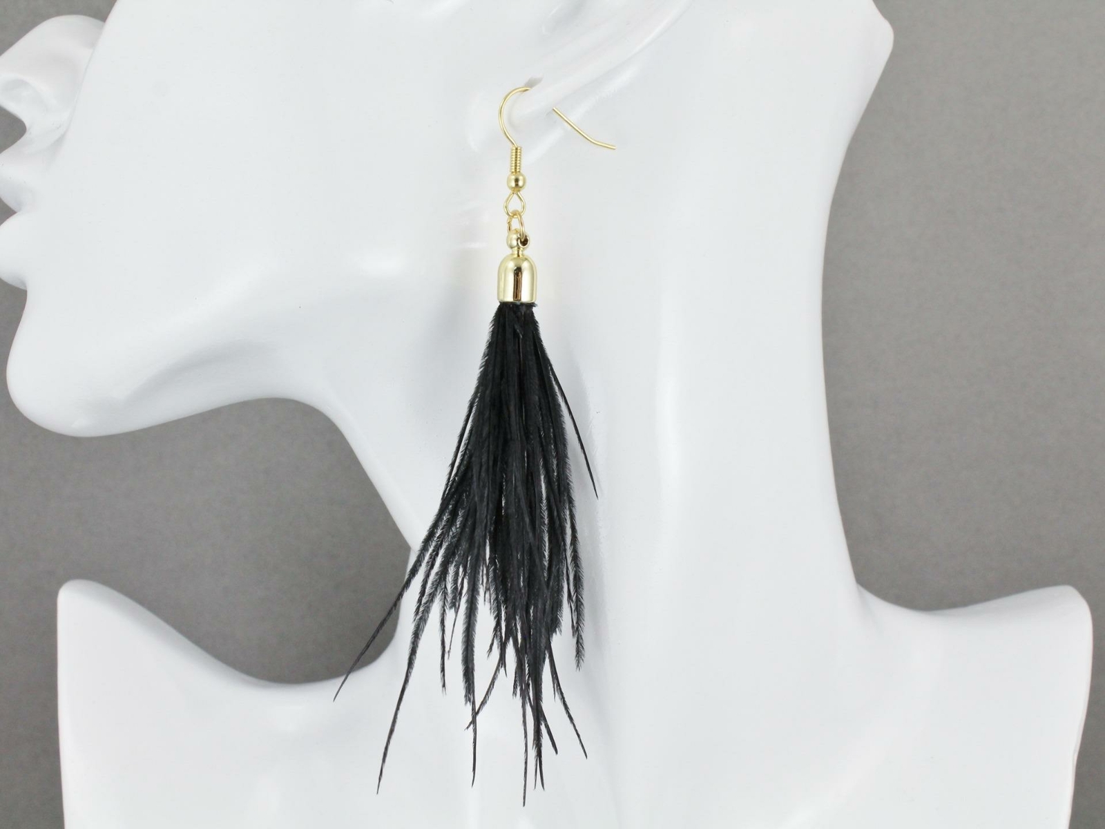 Black feather earrings dangle 4″ long lightweight shoulder duster tassel fringe