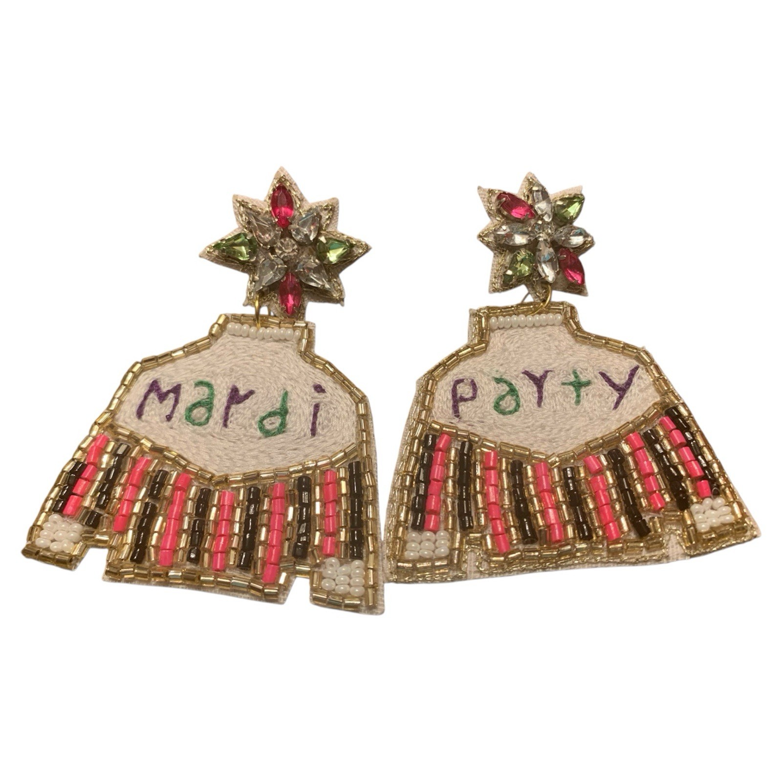 Mardi Gras Beaded Sweater Earrings Pink Green Gold Star Stud Dangle Festive NEW