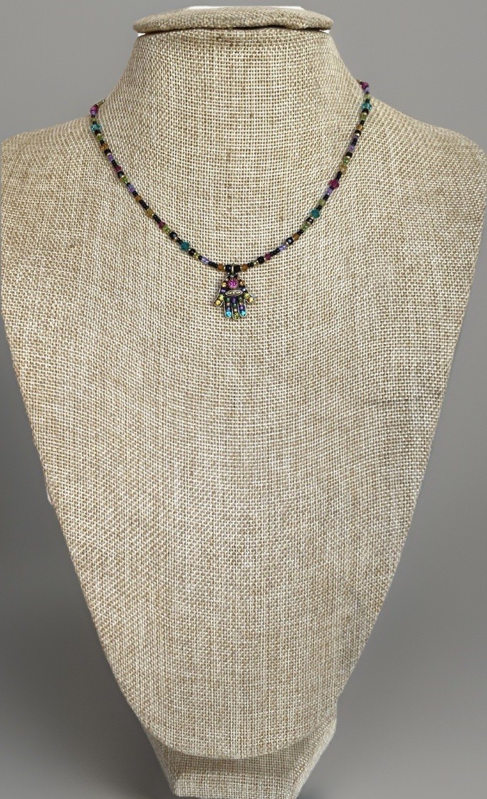 Adjustable Mikal Golan Dark Multi-Bright Hamsa Necklace 14-1/4″ to 18-1/2″