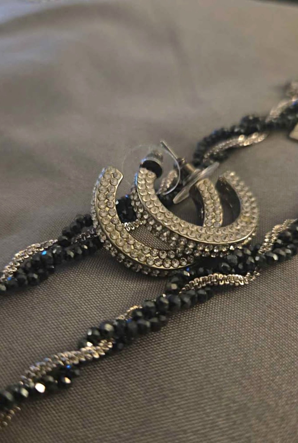 Silver And Black Twist Crystal Jewelry Set Necklace & Hoop Earrings