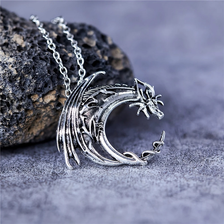 Dragon Circle Necklace Jewelry Vintage Silvery Magical Gothic Pendant