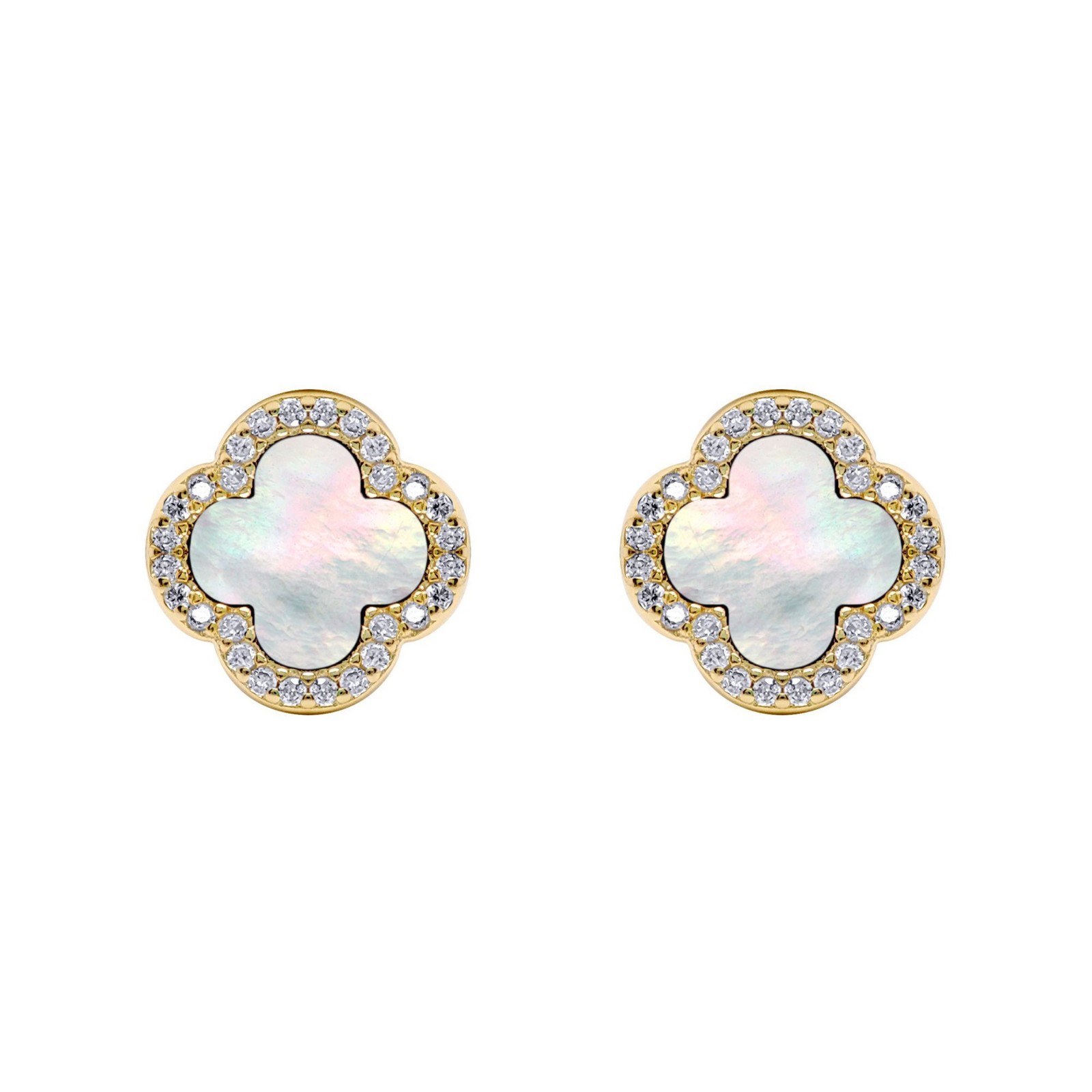 Jewelco London Gold-plated Silver Clover MOP CZ Halo Lucky Charm Earrings