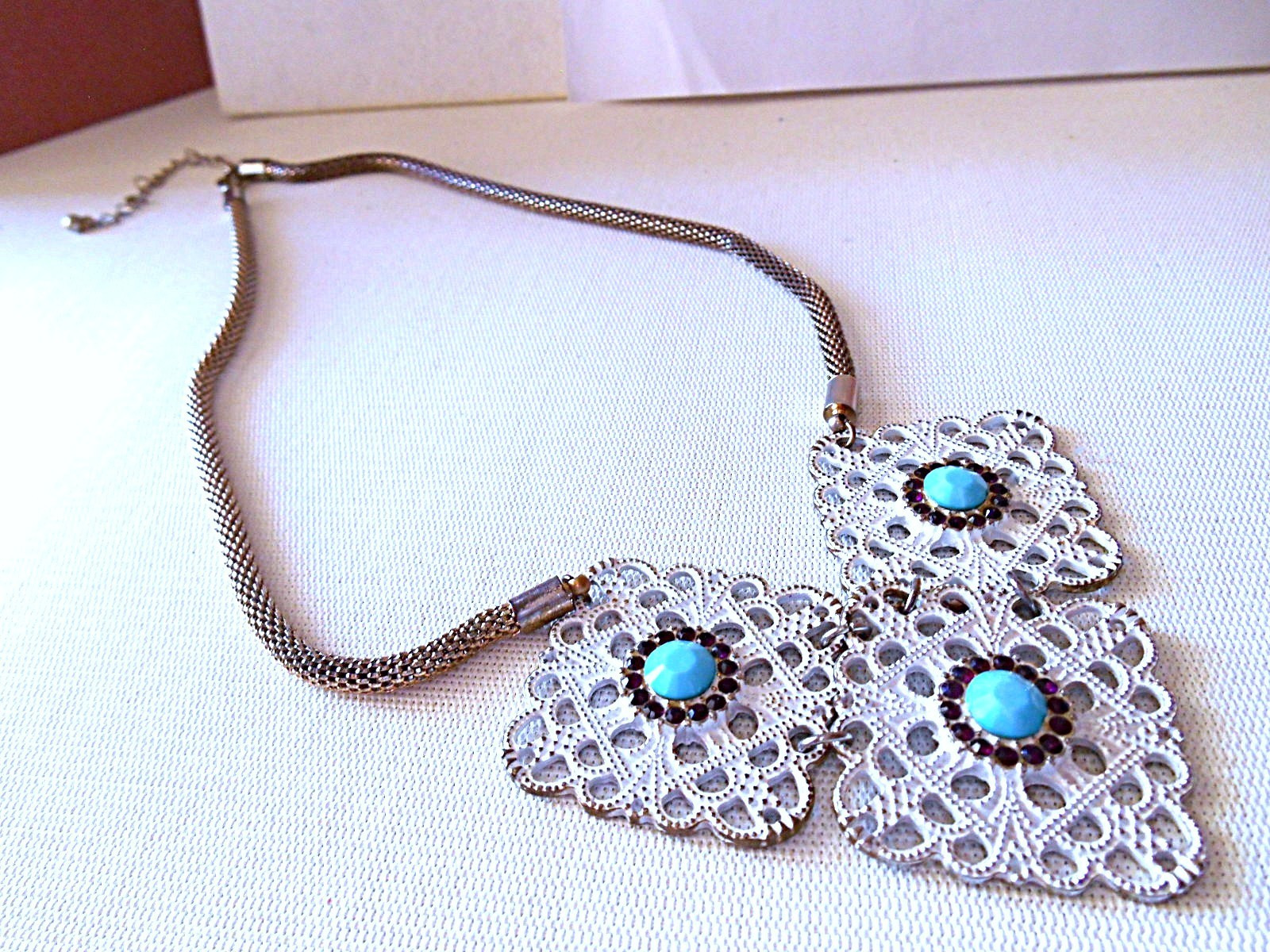Bronzetone White & Teal Bib Necklace