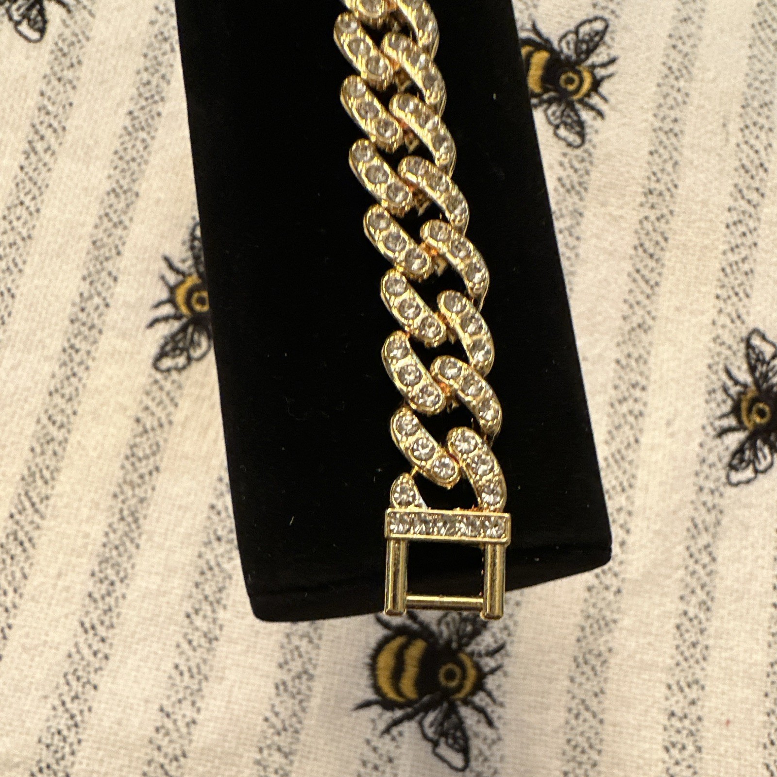Gold Tone Cuban Link Chain Bracelet Pavé Clear Rhinestones Box Clasp