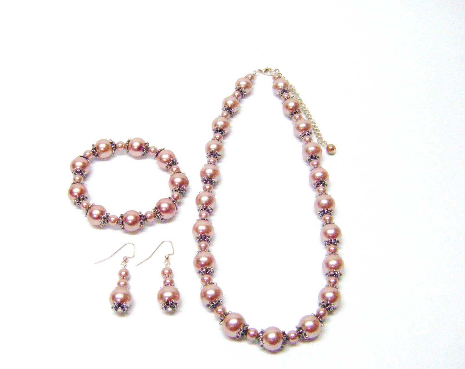 6/12mm Smoke Glass Pearl Necklace/Bracelet/Earrings w/Silver Plated Bead Caps