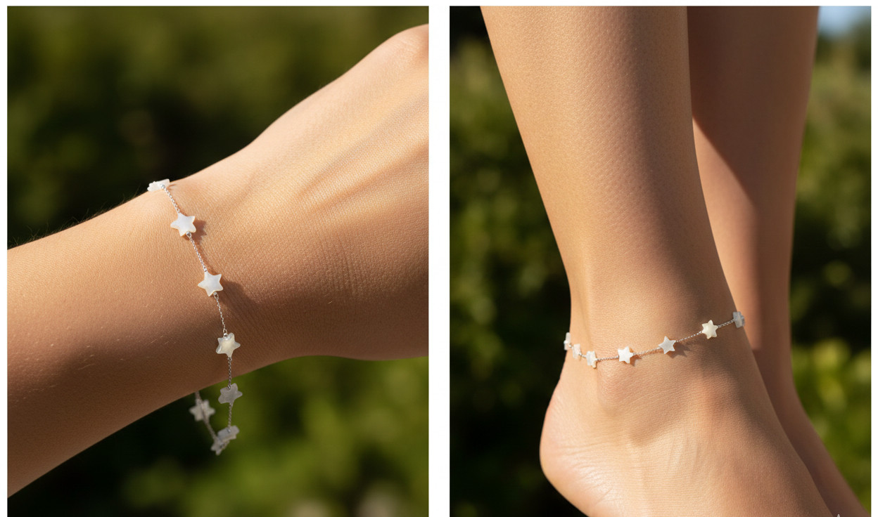 Silver Tone Star Anklet Minimalist Mother of Pearl Star Charm Designer Anklet