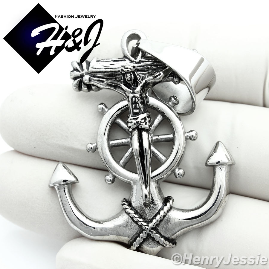 18-36″Stainless Steel 5mm Silver Cuban Curb Necklace Anchor Cross Pendant*P58