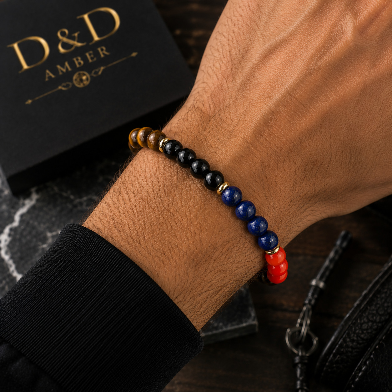 Natural Gemstone Beaded Bracelet Tiger Eye Lapis Coral Hematite Unisex Gift