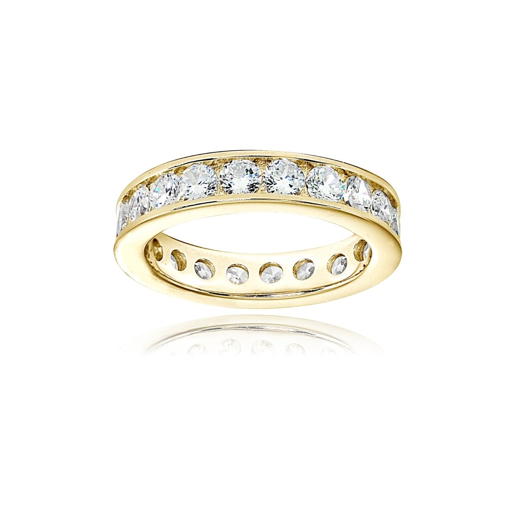 Round 3mm Channel Set Cubic Zirconia Gold Plated 925 Silver Band Ring, Size 8