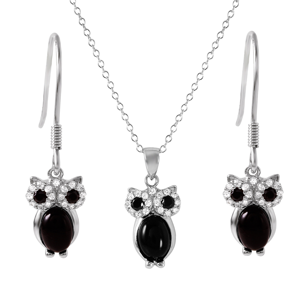 STERLING SILVER BLACK/WHITE OWL PENDANT NECKLACE & EARRING SET LAB DIAMONDS