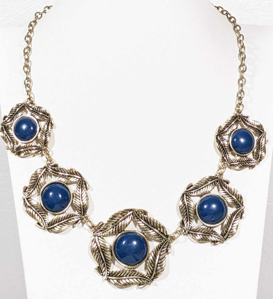 Boho Coastal Blue Bubble Cabochon Leaf Statement Necklace Bold Chunky 21 in