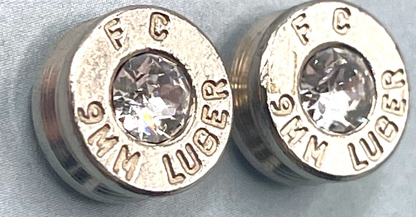 Bullet Casing Stud Earrings 9MM Swarovski Crystal Replacing Primers Silver Tone