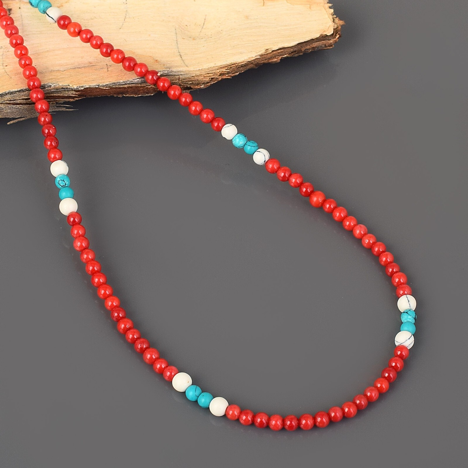 Natural 4mm Blue Turquoise & Red Coral 18″ Gemstone Beaded Ladies Necklace