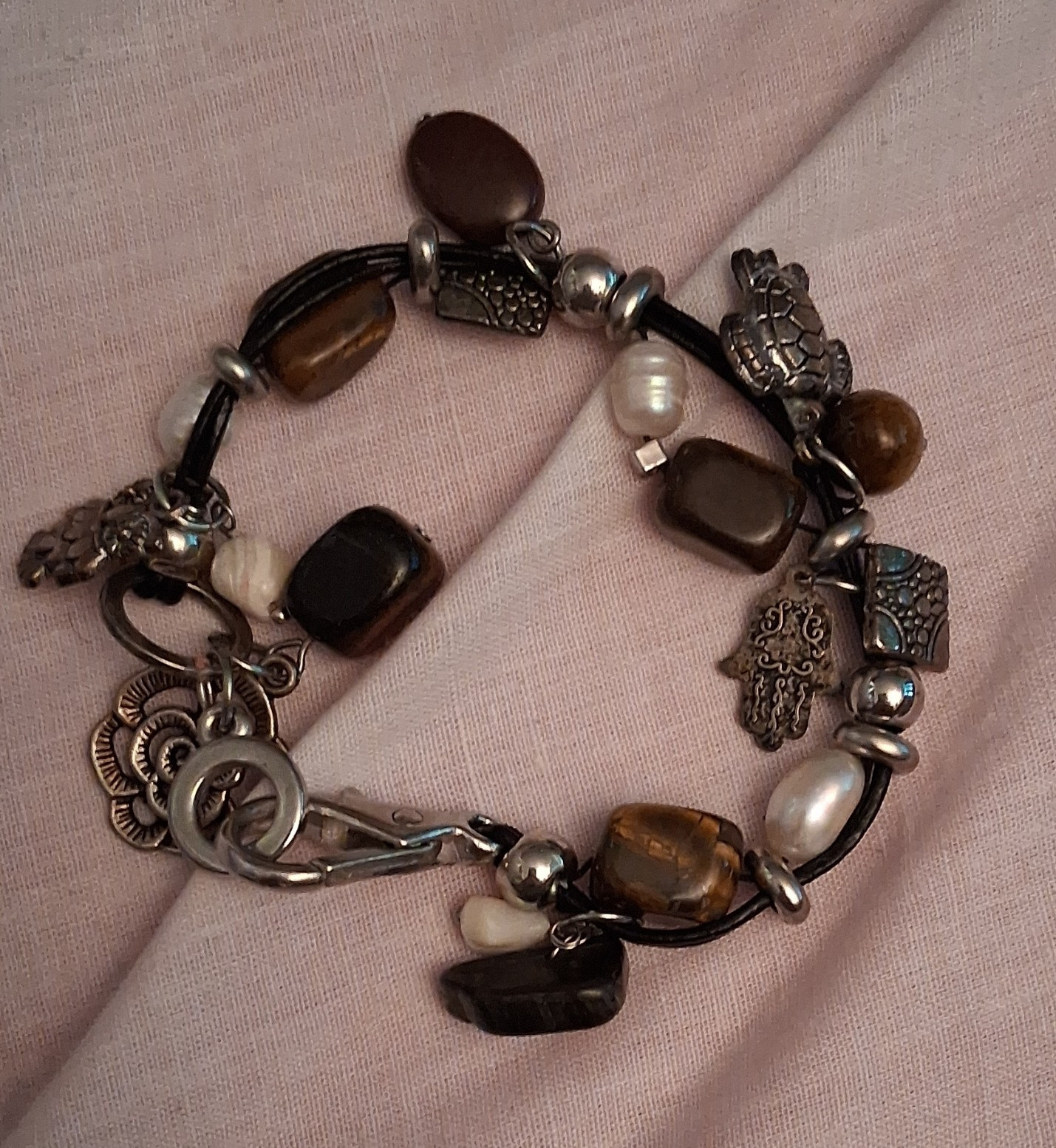 Silver Metal Beaded Charm Bracelet Toggle Closure Brown/Black Stackable
